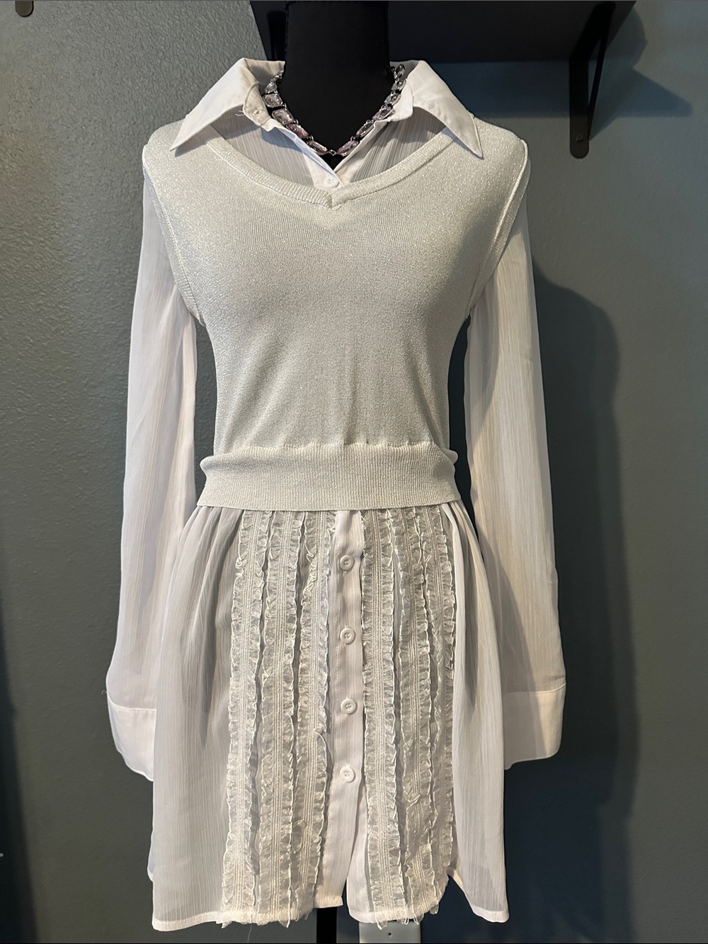 Women's White Layered V-Neck Blouse with Ruffle Placket